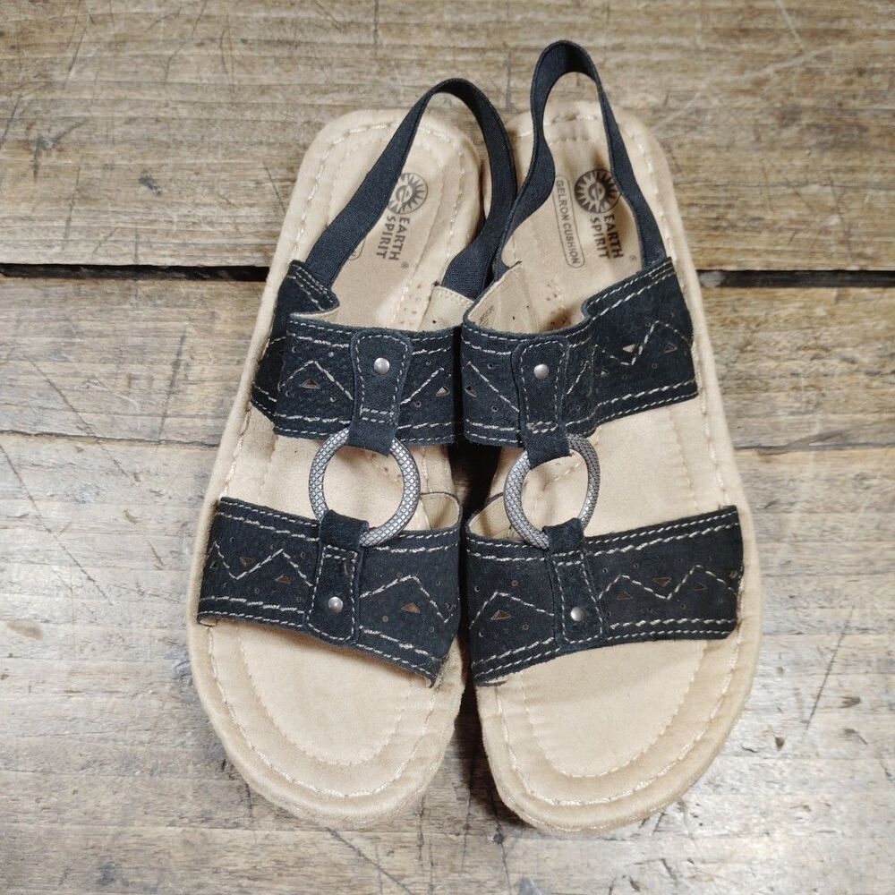 Earth Spirit Womens Sz 9 Sandals Shoes Slingback Strappy Black Open Toe Gelron